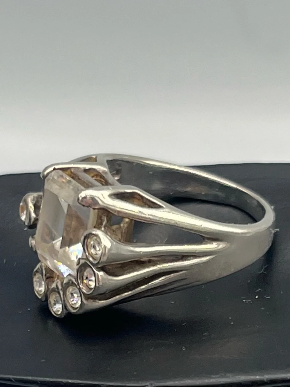 Eisenberg Vintage Sterling Silver Clear Emerald-Cut Cluster Cocktail Ring White